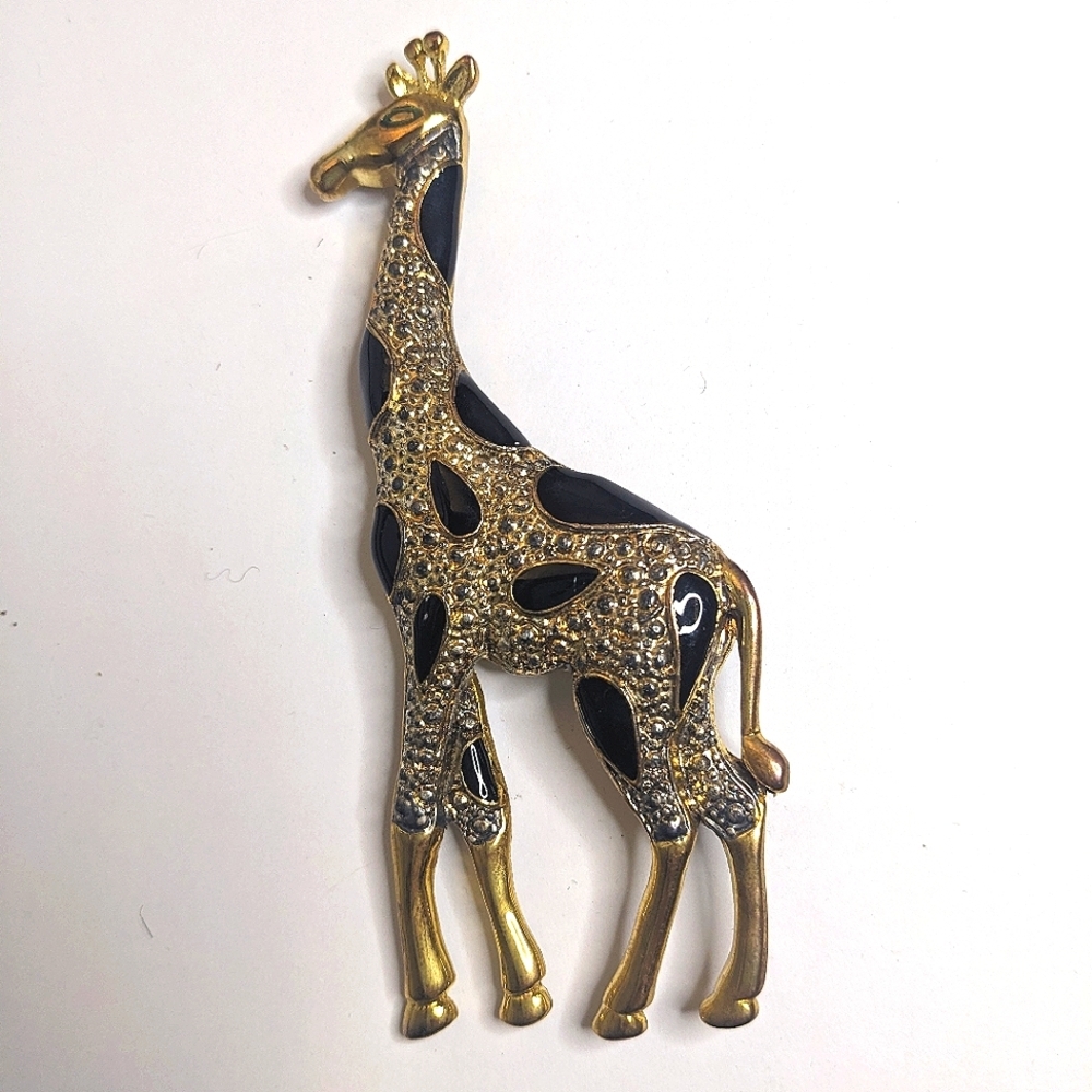 Vintage‎ Gold Tone With Black Enamel Large Giraffe Brooch